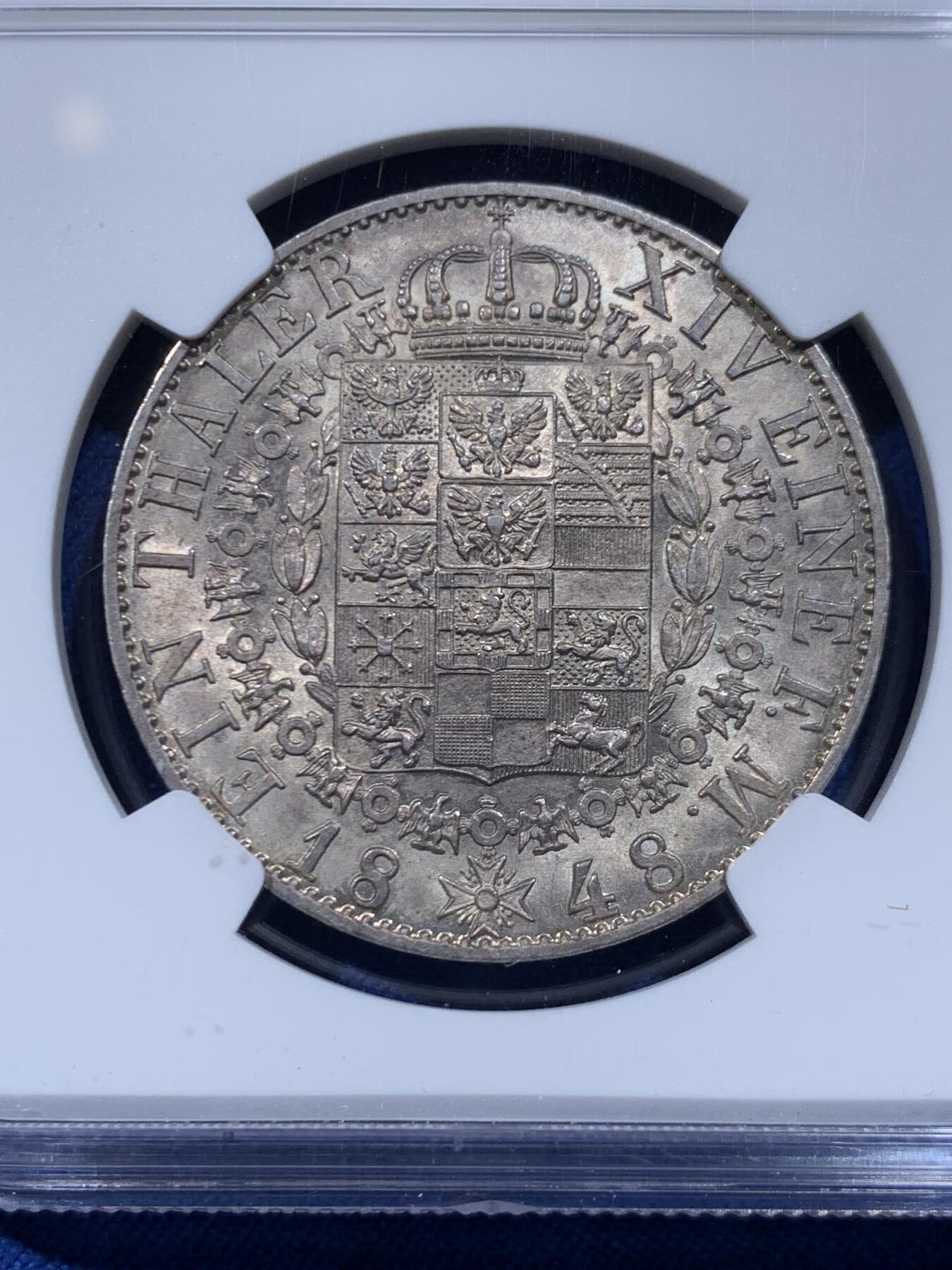 《竞宝斋》第446场 周日，周一，2场连拍 （全场包邮） 冠军分 NGC MS63 德国 1848年 普鲁士  腓特烈·威廉四世 泰勒银币 顶级状态