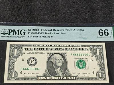 刘世昌艺术品销售中心～虎踞龙蟠*金杨在线联拍群第511期 - 美国2013年1美元【倒置号】【数3】【双豹子头】（PMG 66E 号码：F66611106L）1枚。