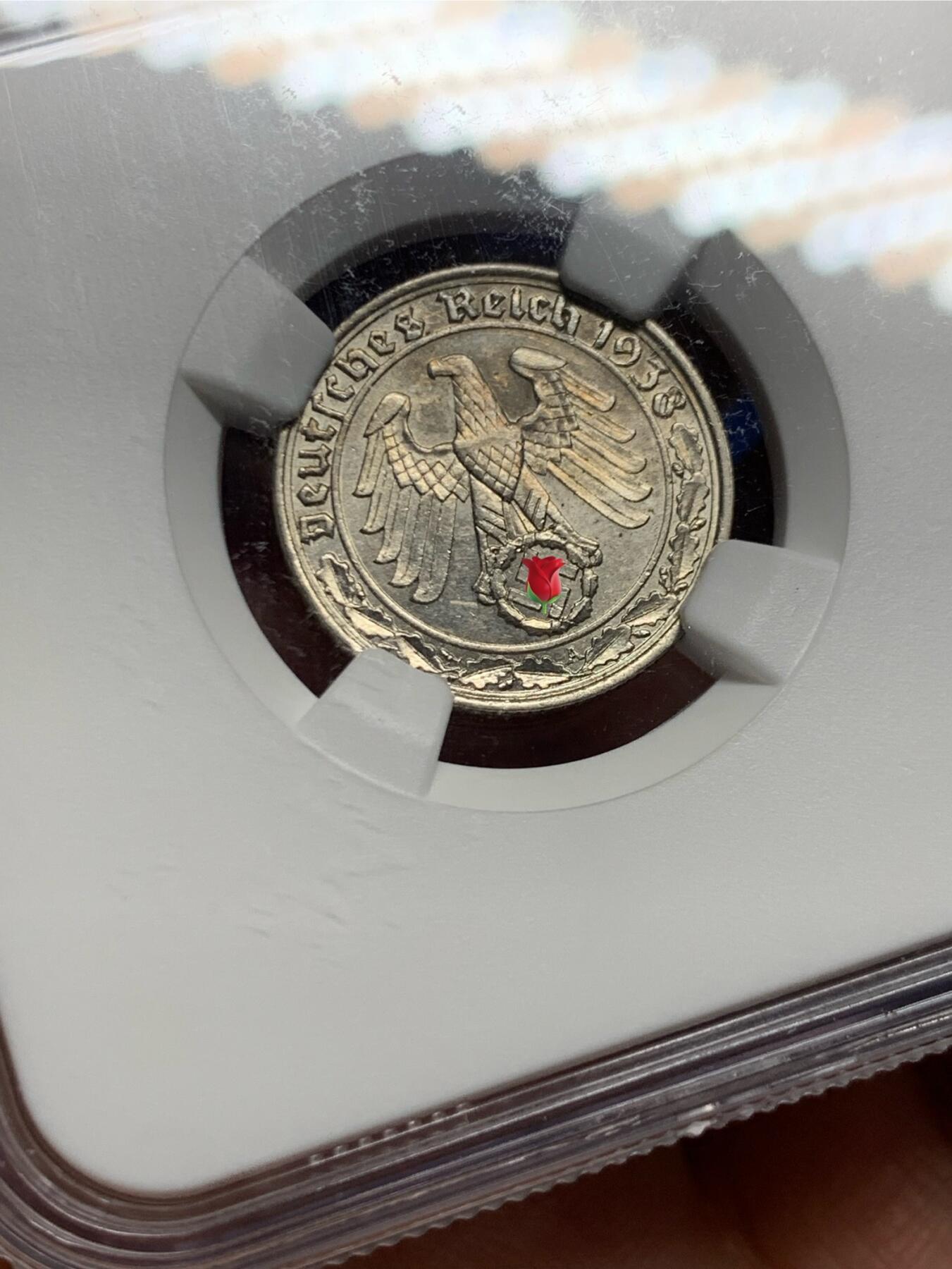 《竞宝斋》第446场 周日，周一，2场连拍 （全场包邮） NGC UNCD 德国1938年帝国50芬妮镍币，传说重大回炉坦克币，带风车标。