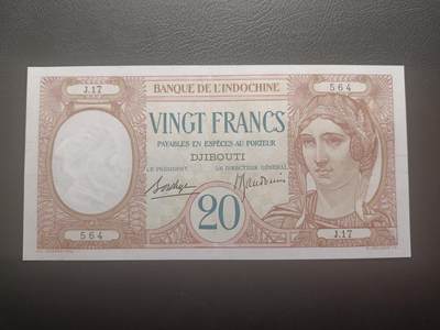 2025十二月第二期，总207期 - 法属索马里兰1936版20法郎AUNC有针孔裂口，吉布提地名，法国人格化象征“玛丽安娜”和孔雀，稀有品种之一