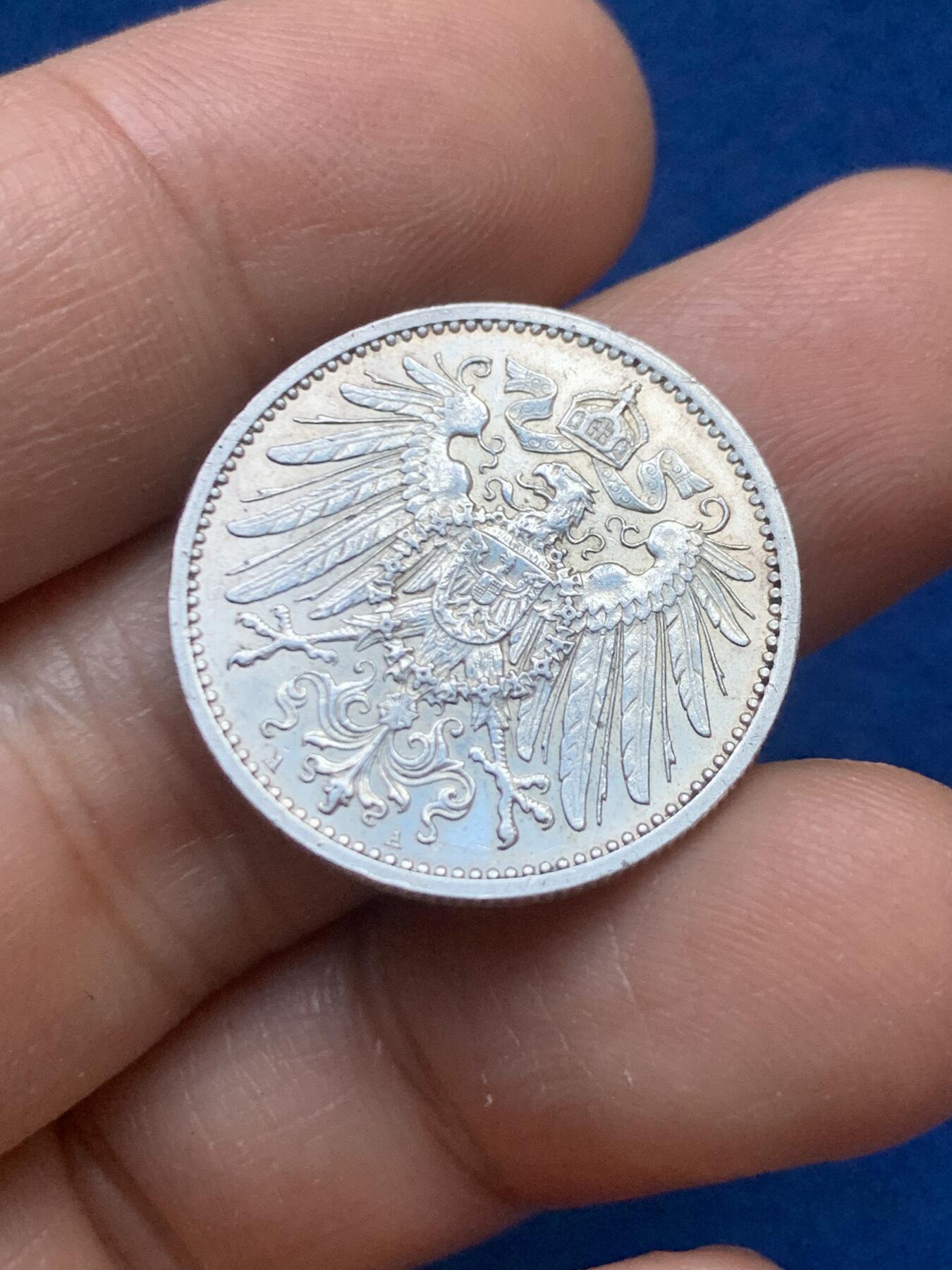 《竞宝斋》第446场 周日，周一，2场连拍 （全场包邮） 德国 1914年 1马克 A厂标 银币