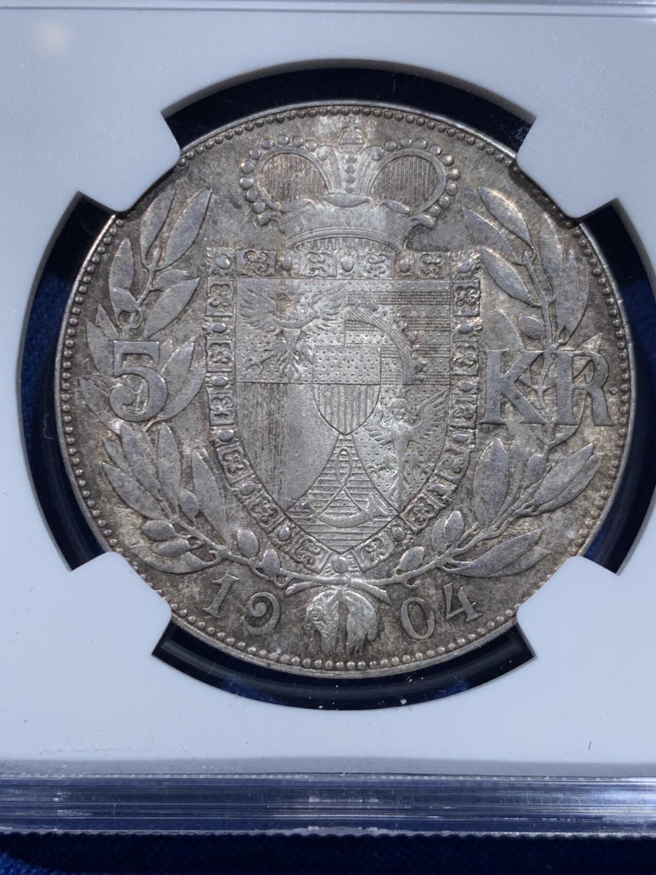 《竞宝斋》第446场 周日，周一，2场连拍 （全场包邮） NGC MS63 列支敦士登1904年约翰二世亲王5克朗银币 深包浆带底光 高分确实少见 标签年份错误