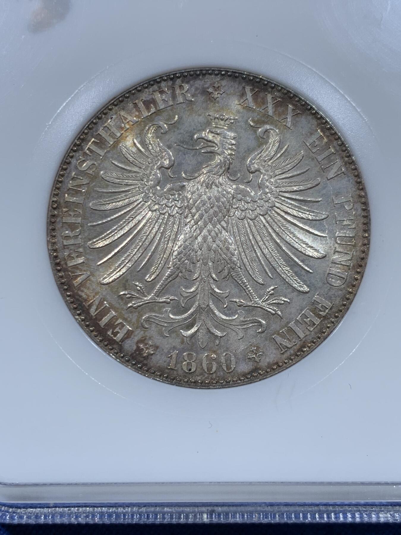 《竞宝斋》第446场 周日，周一，2场连拍 （全场包邮） NGC MS63 德国1860年法兰克福少女泰勒银币 季军分