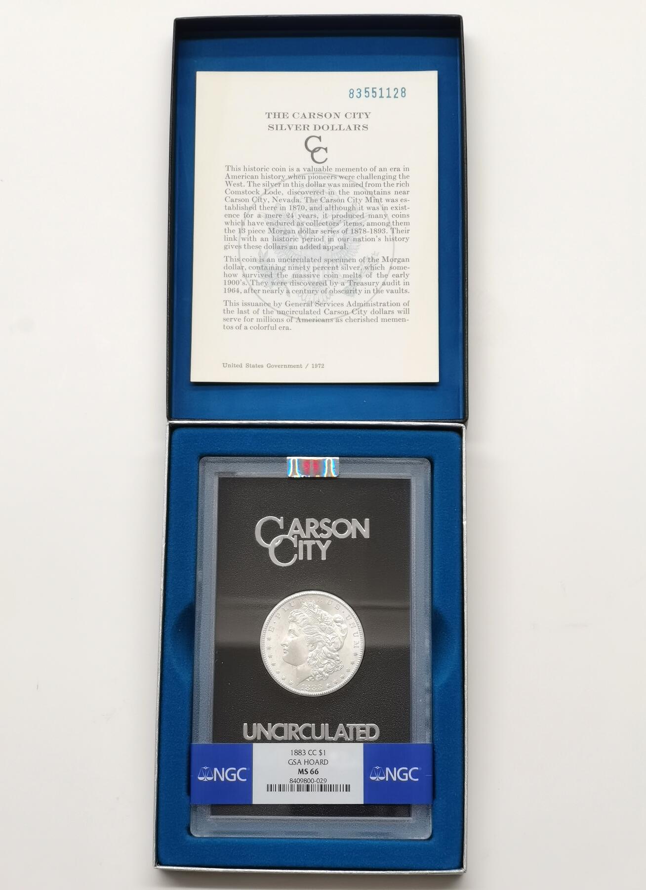 博洋堂藏家专场系列之美国钱币白金之夜专场②暨第152期（全场包邮）  NGC MS66 美国1883 CC 摩根 卡森厂 GSA大封装 盒证皆全 此分数为卡森厂钱币分水岭 评级数量断层式减少 仅为65分的约六分之一 麦稀奇所见最高分 品相完美 极其难得的高分藏品 不可错过 NGC指导价为1350USD 约9700RMB