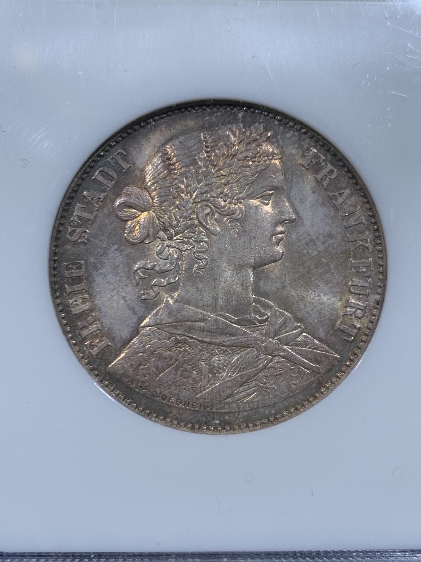 《竞宝斋》第446场 周日，周一，2场连拍 （全场包邮） NGC MS63 德国1860年法兰克福少女泰勒银币 季军分