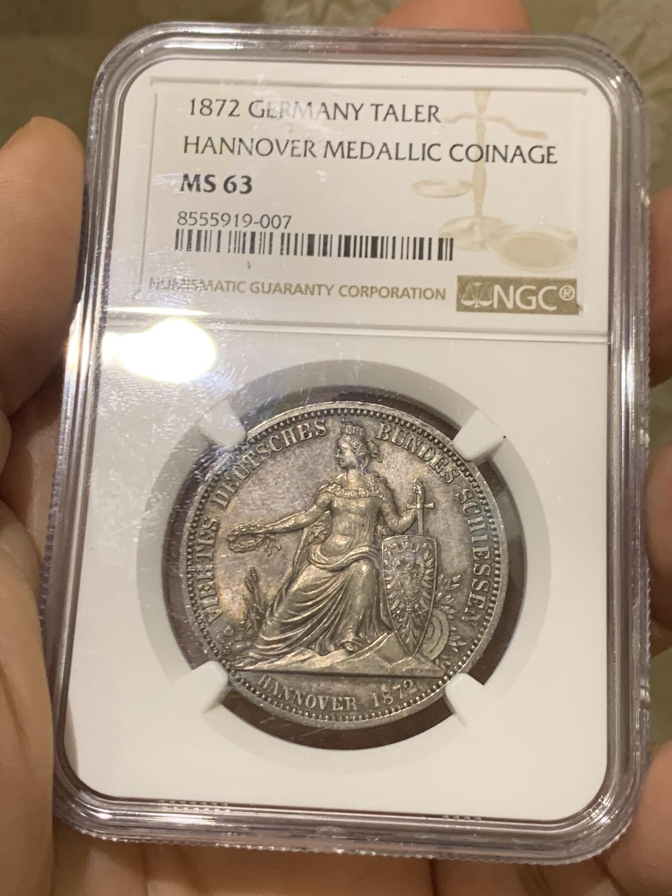 《竞宝斋》第446场 周日，周一，2场连拍 （全场包邮） NGC MS63 德国1872年汉诺威射击节女神泰勒章型银币 状态难得