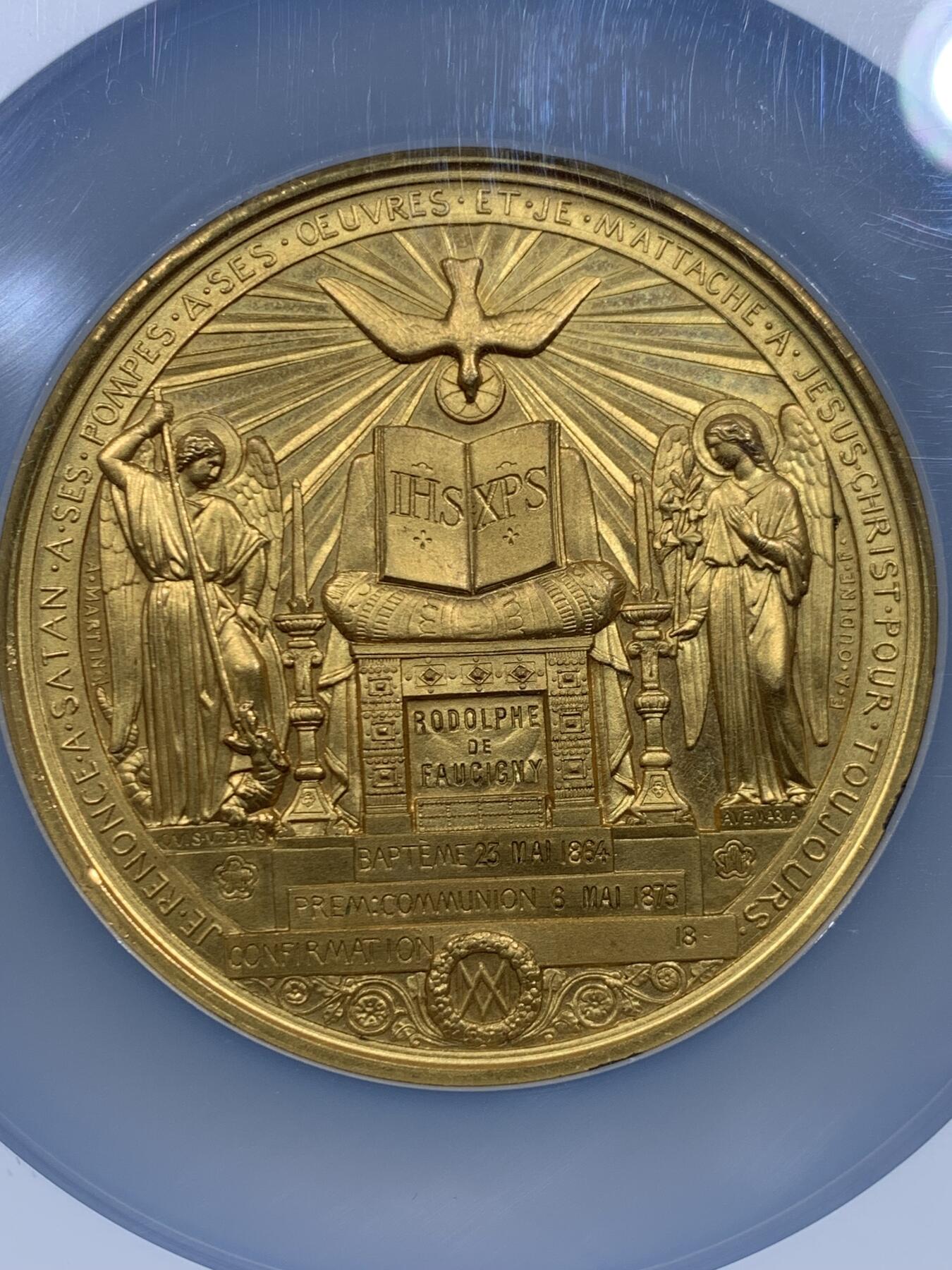 《竞宝斋》第446场 周日，周一，2场连拍 （全场包邮） NGC MS64 高分 法国1875年早期罕见镀金耶稣受洗礼，圣灵降临大铜章，镀金少见，金光闪闪，比起普通常见铜制款更为庄严绚丽，直径：69mm，加大加厚盒。