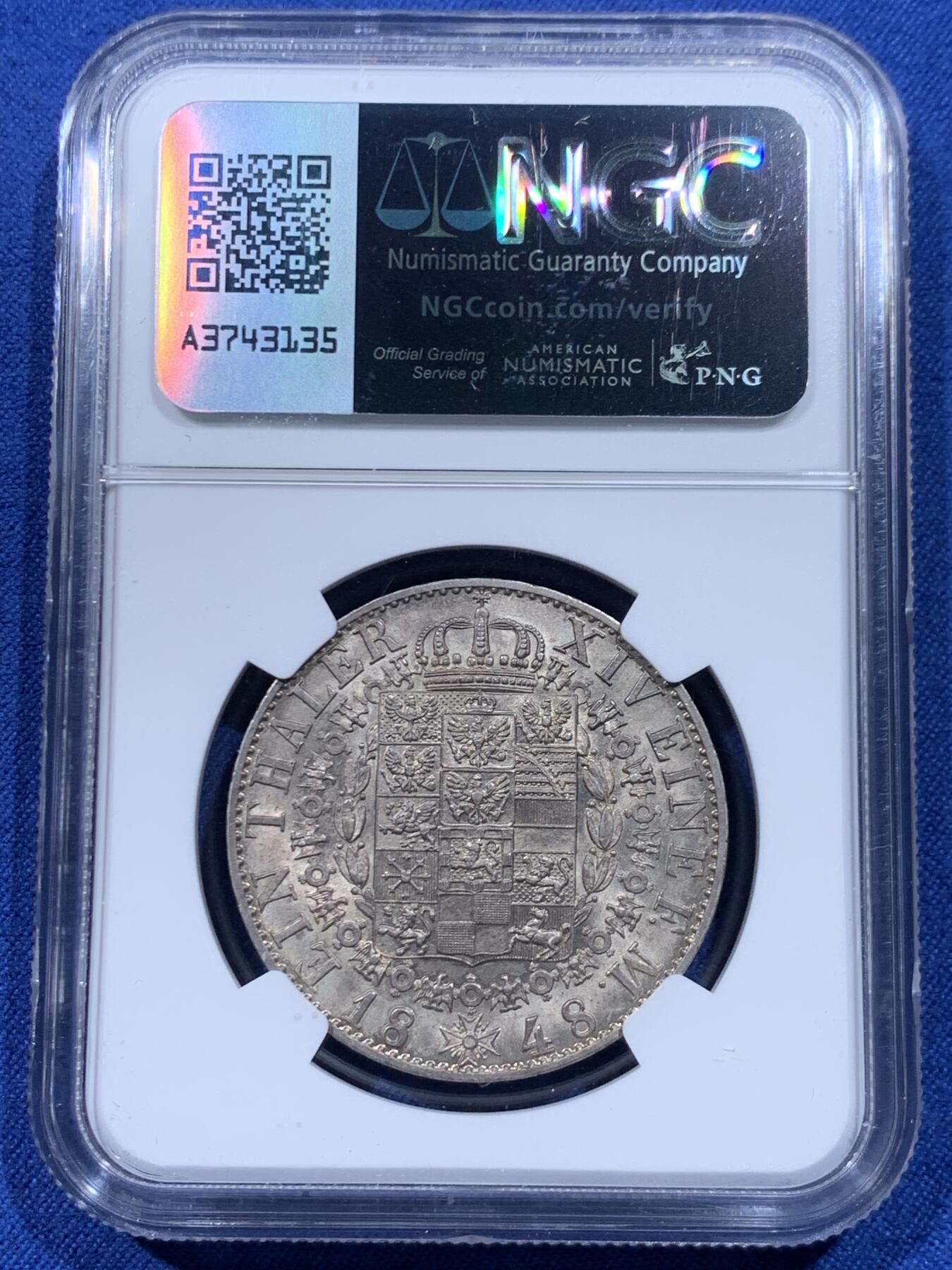 《竞宝斋》第446场 周日，周一，2场连拍 （全场包邮） 冠军分 NGC MS63 德国 1848年 普鲁士  腓特烈·威廉四世 泰勒银币 顶级状态