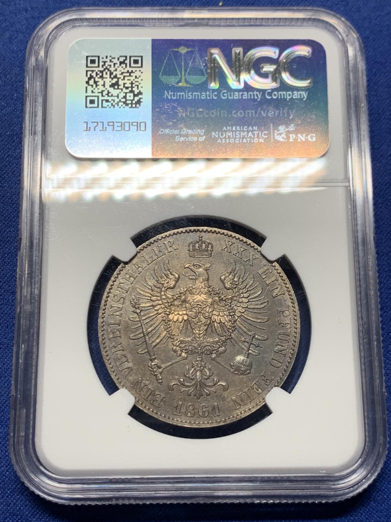 《竞宝斋》第446场 周日，周一，2场连拍 （全场包邮） NGC MS62 德国1861A普鲁士威廉四世-洋葱头1泰勒离冠鹰银币 季军分 好品