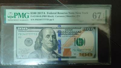 世界钱币～微拍第219期暨2025年第59期  老库存低价起拍 - 2017A美国100元 带4老虎号77777  PMG67E