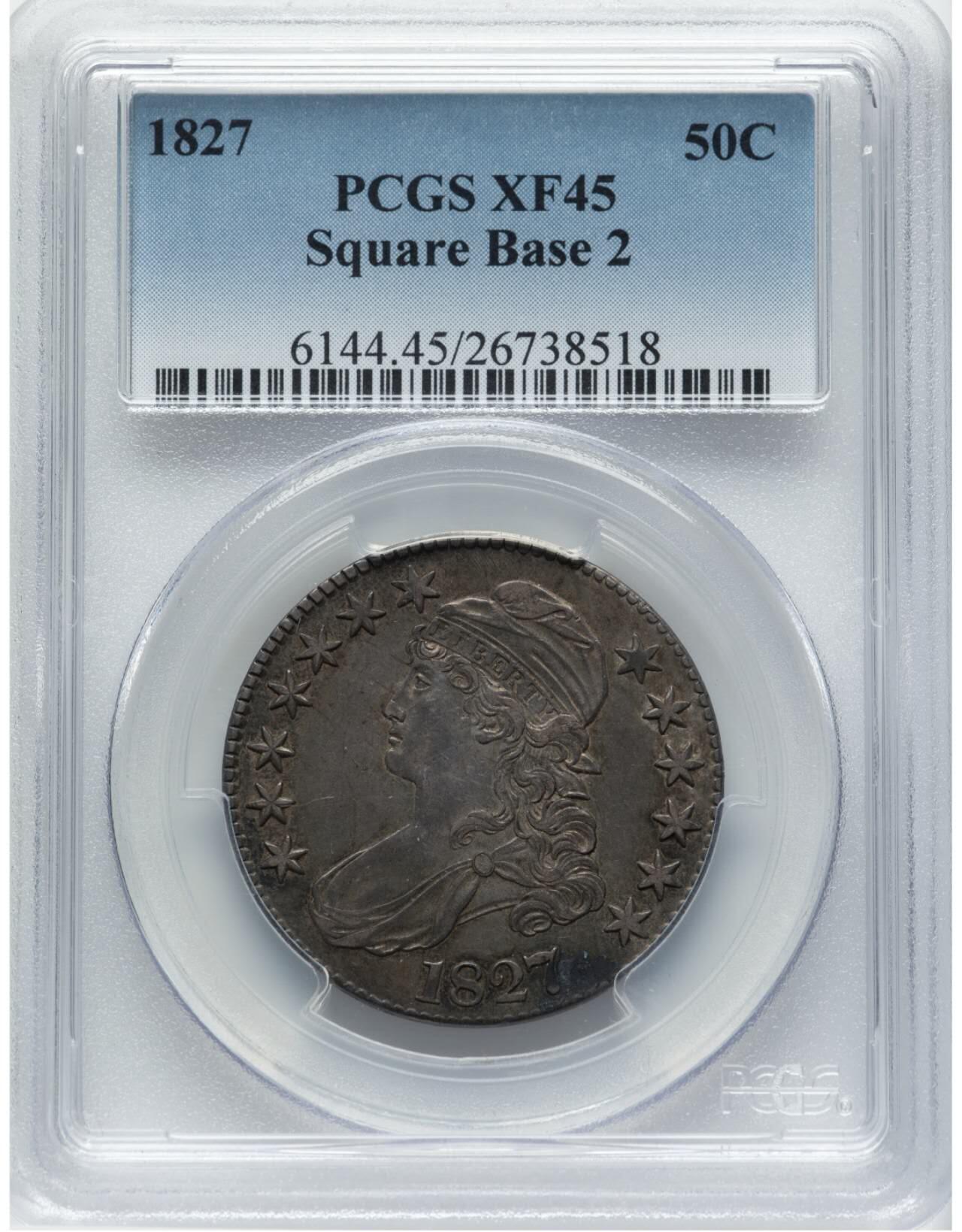 PCGS评级XF45美国早期1827年自由女神胸像半美元50美分银币