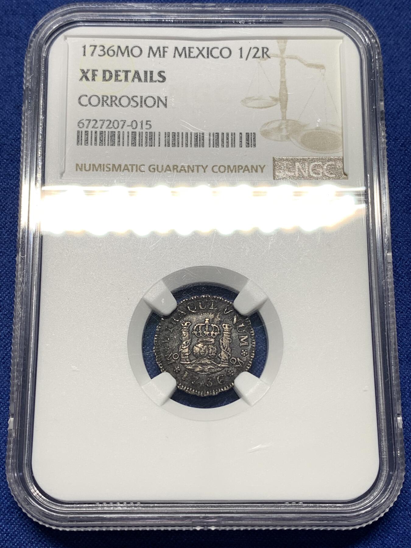 《竞宝斋》第446场 周日，周一，2场连拍 （全场包邮） NGC XFD 西属墨西哥 1736年 1/2里亚尔 银币 地球双柱币的最小面值 凑品必备 传世黑包浆 细节良好 大热品种