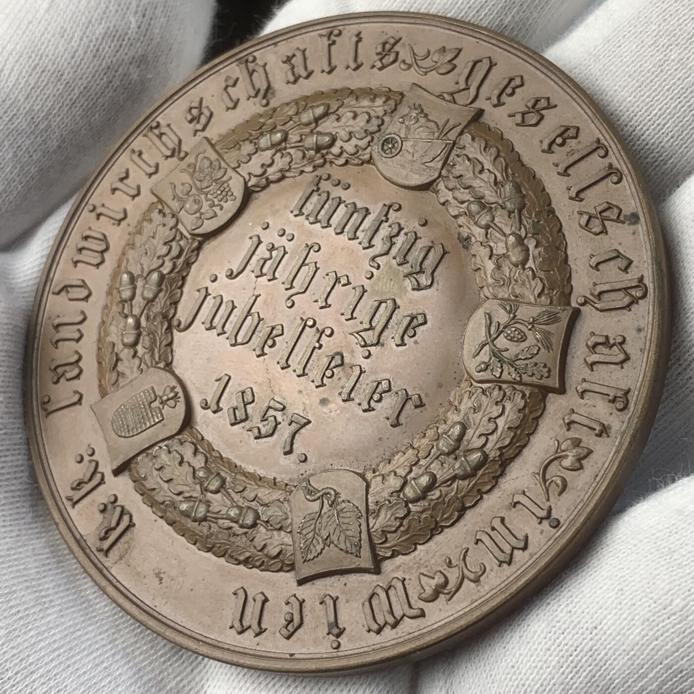 掌中浮雕-藏着的欧洲第045场 1857年维也纳农业协会成立50周年纪念，68mm，背面花环中间为凸起的半球形