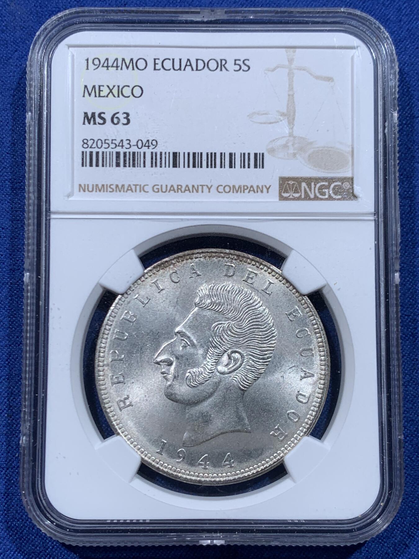 《竞宝斋》第446场 周日，周一，2场连拍 （全场包邮） NGC MS63 厄瓜多尔1944年5苏克雷银币，墨西哥铸造，转光强烈细节优秀，状态极佳。