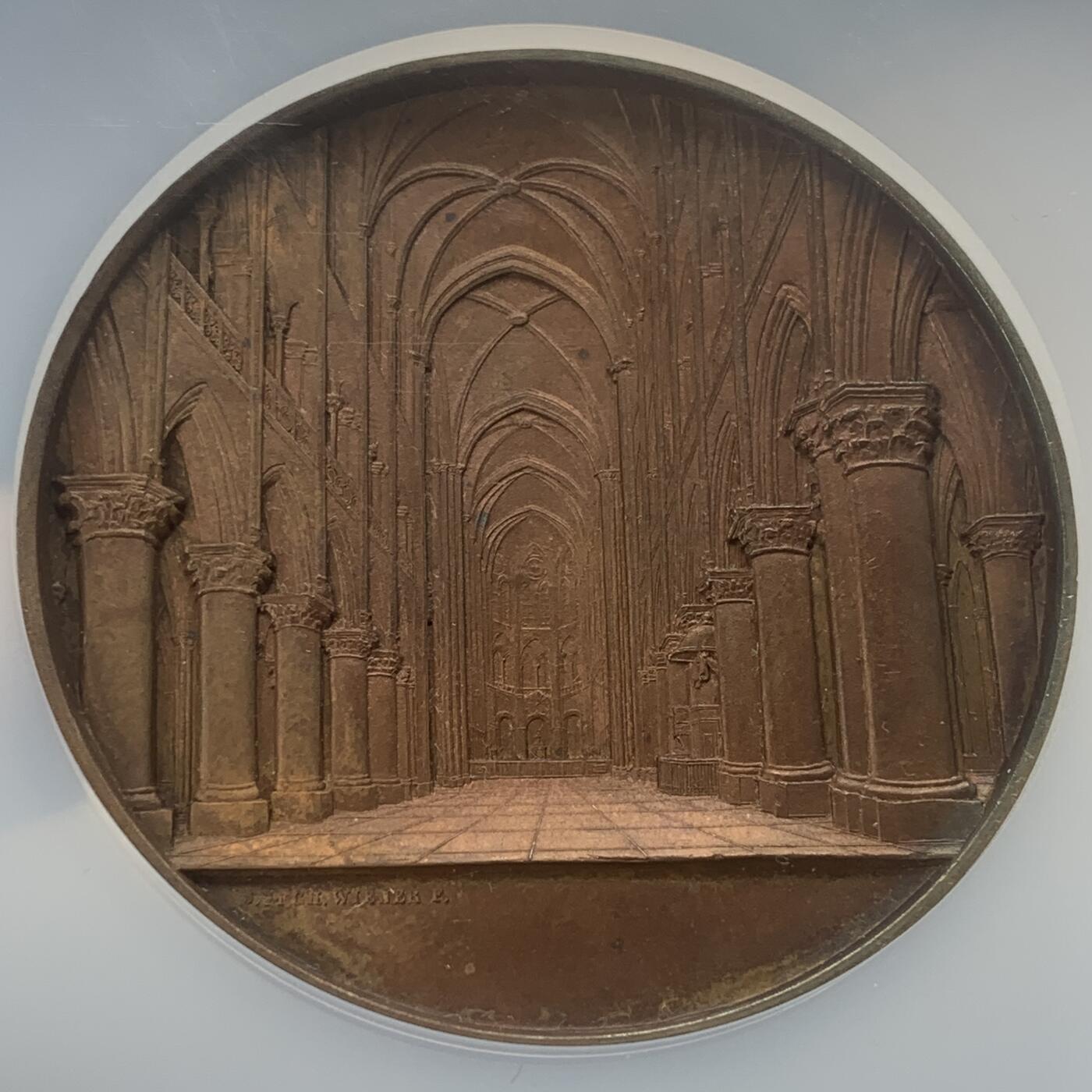 掌中浮雕-藏着的欧洲第045场 NGC MS62 : 1855年法国巴黎圣母院铜章 ,59mm，大师维纳教堂系列中稀少品种