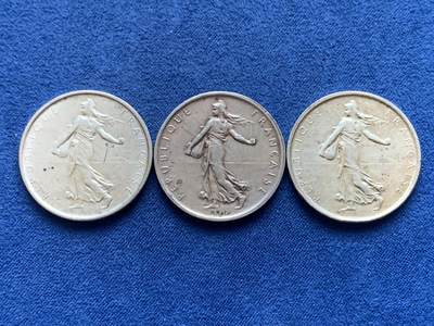《竞宝斋》第446场 周日，周一，2场连拍 （全场包邮） - 三枚一组 法国1960/1962/1963年播种女神5法郎银币 总重约36克