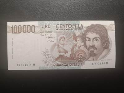 2025十二月第二期，总207期 - 意大利1983版100000里拉UNC-，画家卡拉瓦乔，早期防伪版本