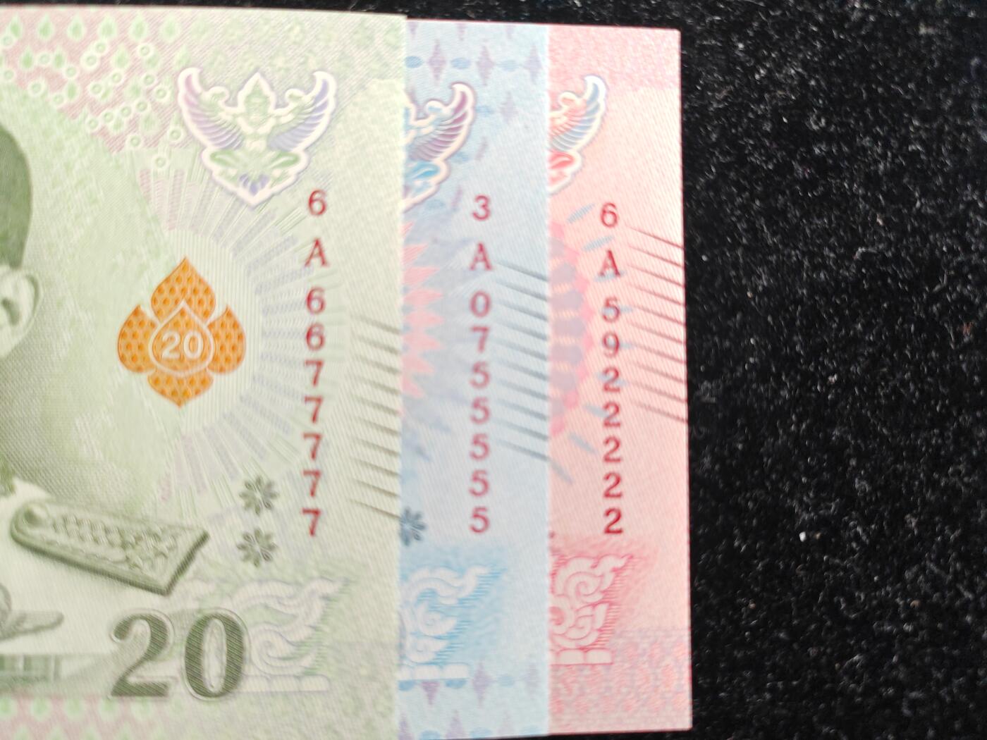 精品靓号 老虎号22222-55555-77777 泰国 20-50-100泰铢 A冠 无4 全新UNC 刀拆品无触摸高分品相 全套三张价