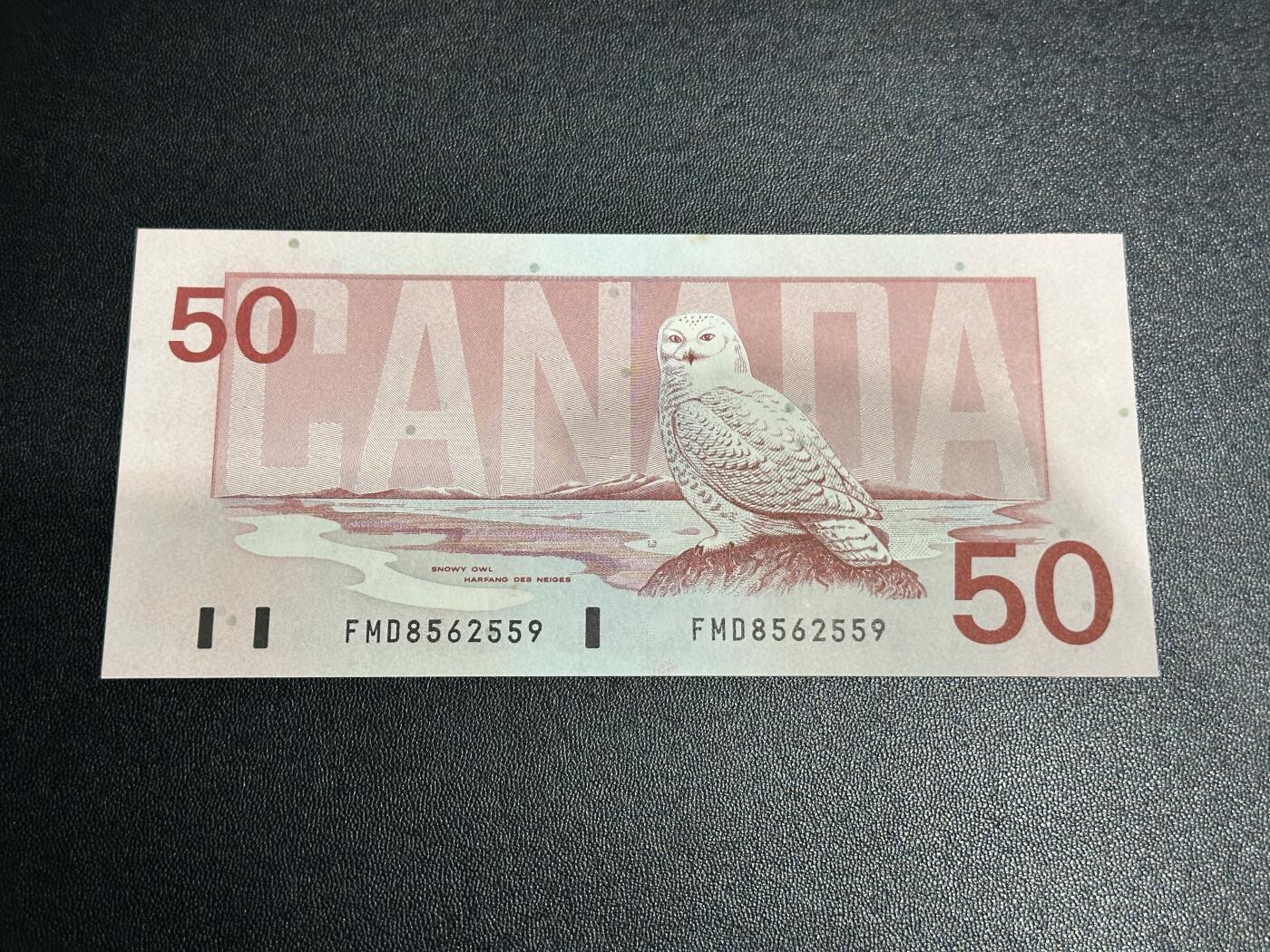 《外钞收藏家》第五百九十二期（精选场）（本平台长期征集拍品、欢迎藏友们联系合作） 1988年加拿大鸟版50加元 无47尾559 UNC- 有个黄斑