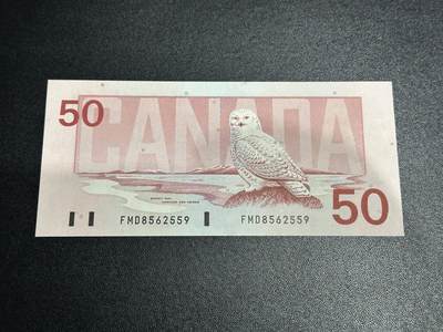 《外钞收藏家》第五百九十二期（精选场）（本平台长期征集拍品、欢迎藏友们联系合作） - 1988年加拿大鸟版50加元 无47尾559 UNC- 有个黄斑