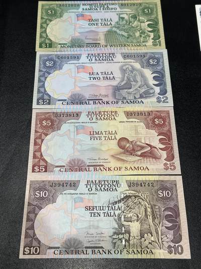 《外钞收藏家》第五百九十二期（精选场）（本平台长期征集拍品、欢迎藏友们联系合作） -  西萨摩亚老版本1/2/5/10塔拉4张小套（1塔拉较少）	UNC 2面额轻微荧光反应