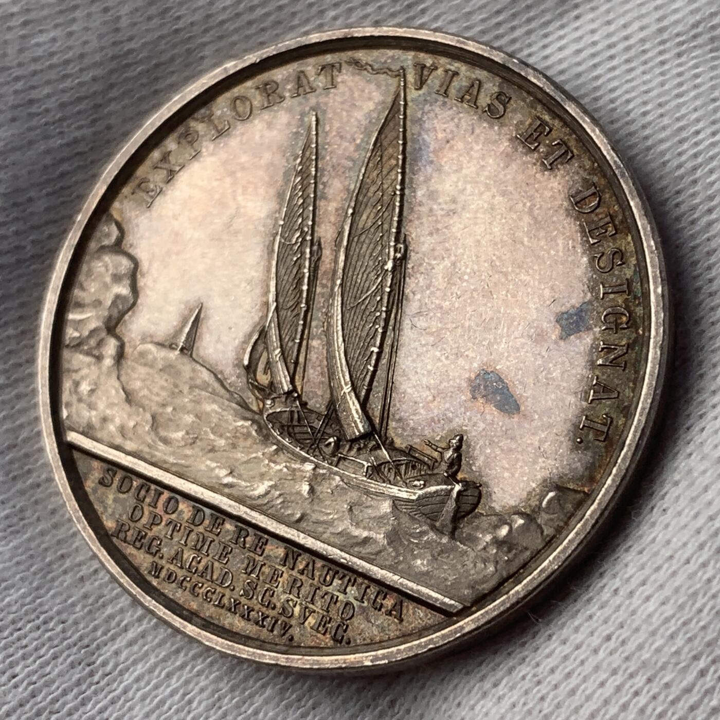 掌中浮雕-藏着的欧洲第045场 1884年瑞典海军中将古斯塔夫·阿夫·克林特银章,  31mm，15g，Lea Ahlborn雕刻，1884年颁发给皇家航海气象局。少见