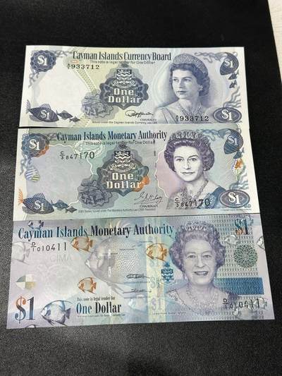 《外钞收藏家》第五百九十二期（精选场）（本平台长期征集拍品、欢迎藏友们联系合作） - 开曼群岛1974+2001+2010年1元三张不同版本（三种女王头像）	UNC