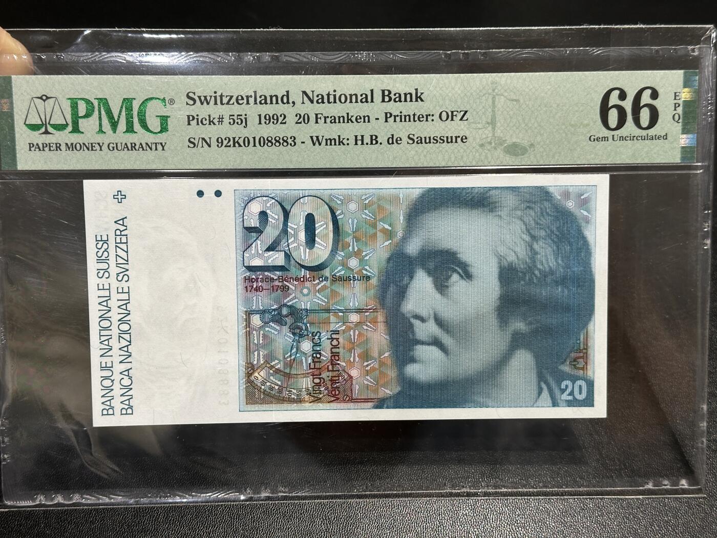 《外钞收藏家》第五百九十二期（精选场）（本平台长期征集拍品、欢迎藏友们联系合作） 瑞士1992年20法郎PMG66（全程无47）