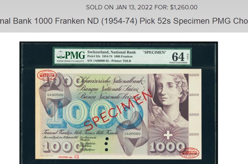 【Blue Auction】世界纸币精拍第760期——18级TOP拍卖/信誉/品质/专业/高效💫   瑞士 1954-74年1000法郎 最高值 超大票幅 经典“死神之舞”雕刻精美 样钞少见 PMG64EPQ 全新原票 值得收藏 （64NET很黄的一张四年前就拍出1260美金 这张全新原票状态好）
