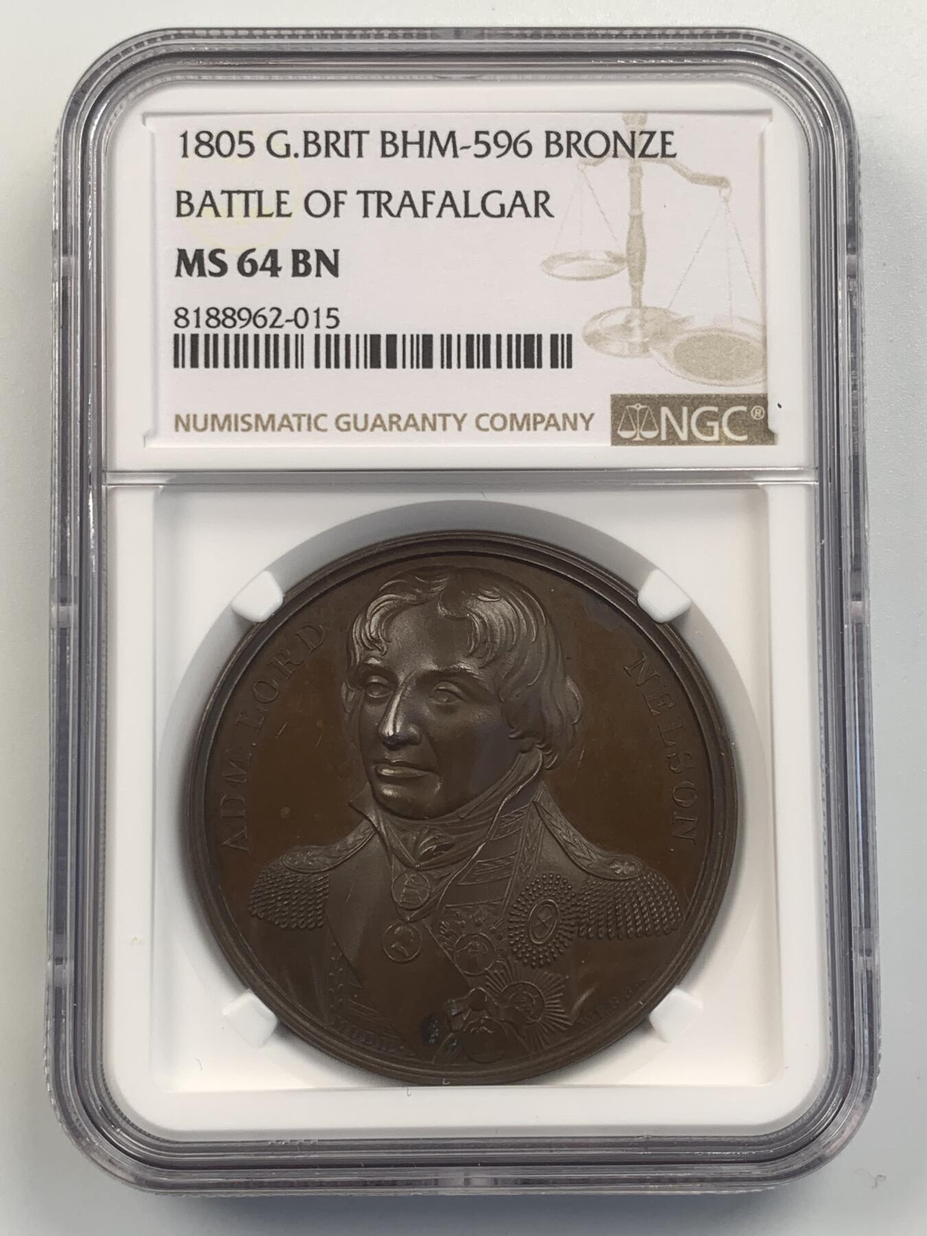 掌中浮雕-藏着的欧洲第045场 NGC MS64 :1805年英国海军上将纳尔逊将军铜章 ,41mm
