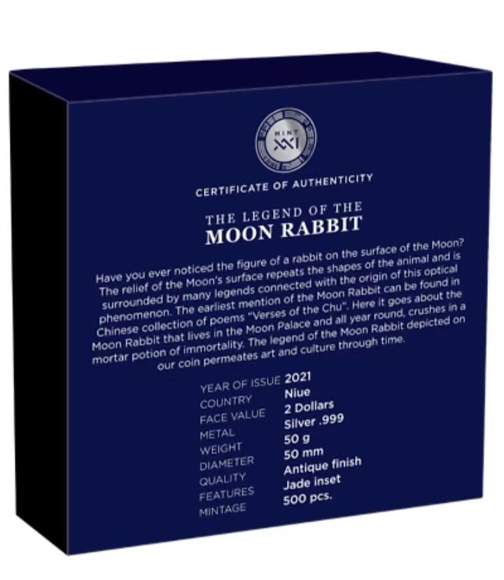 第184期拍卖 【龙头币】纽埃2021, 中国民间神话故事(1)-玉兔奔月，50克,加大(直径达50mm),镶嵌大块天然翡翠,高浮雕,仿古艺术银币. 盒证全. 龙头币,中国传统神话故事系列(1). 热门中国元素.国外售价335+美元