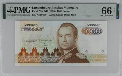 《外钞收藏家》第五百九十二期（精选场）（本平台长期征集拍品、欢迎藏友们联系合作） - 【超级靓号】卢森堡1985年1000法郎 超级靓号999090数二+倒置号+圆圆号+豹子头 收藏靓号纸币的藏家不容错过