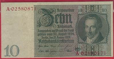 德国1945年10马克 P-180b(与P-180a左侧水印图案不同) A冠 无4 实物图 UNC- - 德国1945年10马克 P-180b(与P-180a左侧水印图案不同) A冠 无4 实物图 UNC-