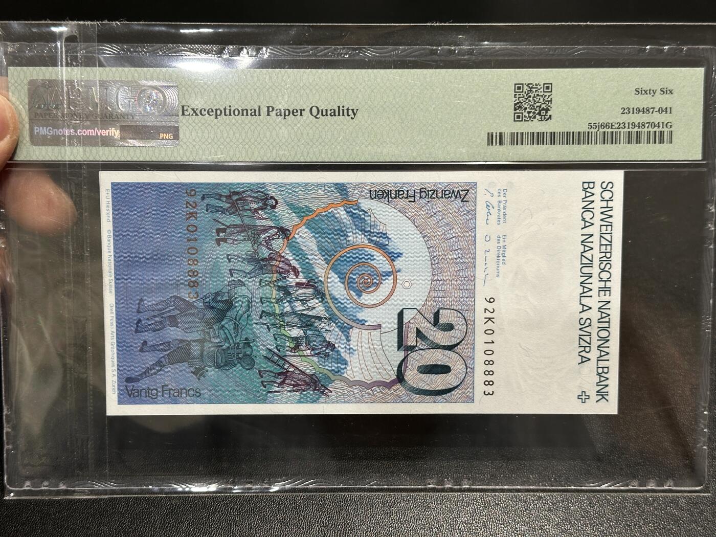 《外钞收藏家》第五百九十二期（精选场）（本平台长期征集拍品、欢迎藏友们联系合作） 瑞士1992年20法郎PMG66（全程无47）