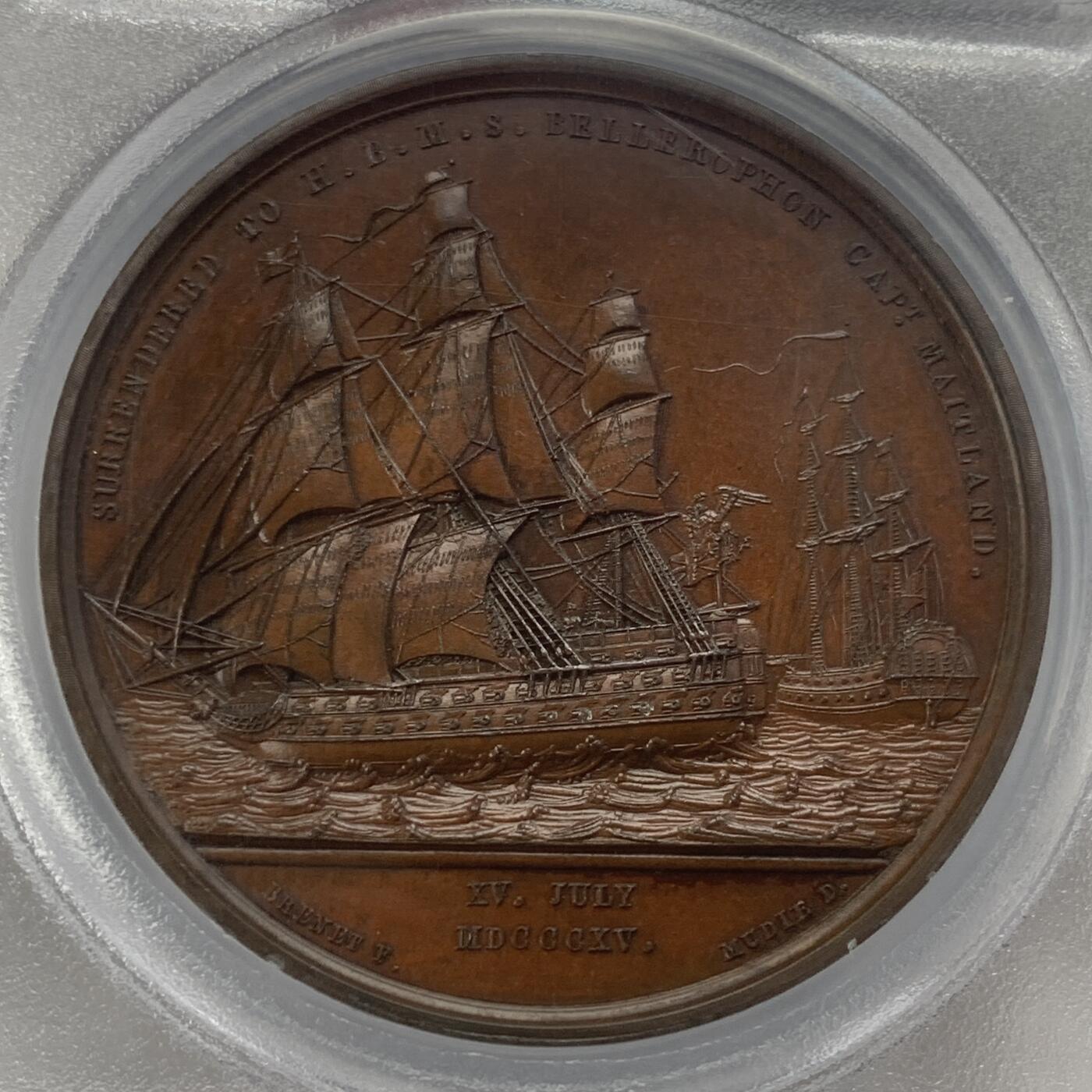 掌中浮雕-藏着的欧洲第045场 PCGS SP64 : 1815年拿破仑于柏勒洛丰号战列舰上投降，41mm