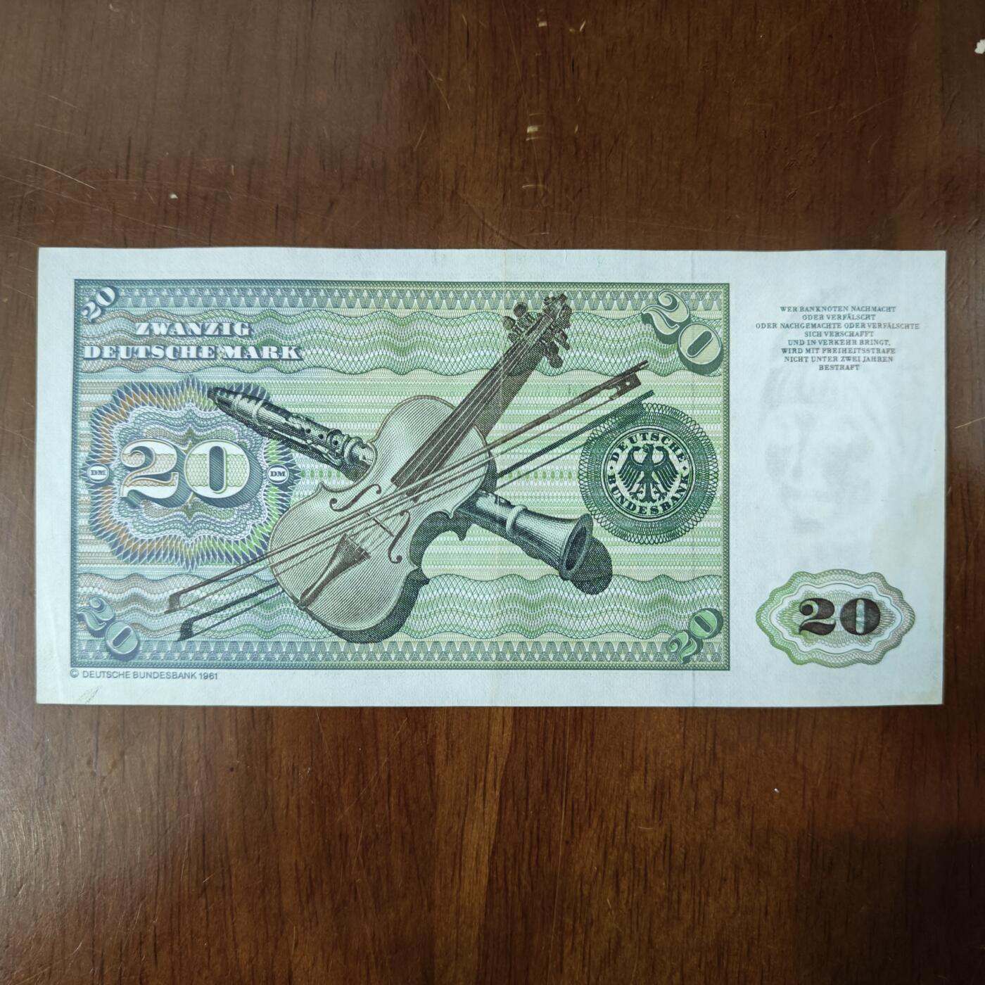 联邦德国20马克纸币经典西德钞丢勒名画和古典乐器流通好品原图片