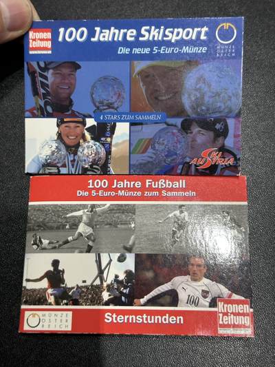 《外钞收藏家》第五百九十二期（精选场）（本平台长期征集拍品、欢迎藏友们联系合作） - 奥地利精制5欧元一对（2004年足球协会成立百年+2005年滑雪纪念银币两枚）