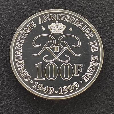 【全场包邮】纯粹捡漏拍485场（免费代拍第22场） - 摩纳哥1999年100法郎雷尼尔三世亲王统治50周年（31毫米15克）纪念银币