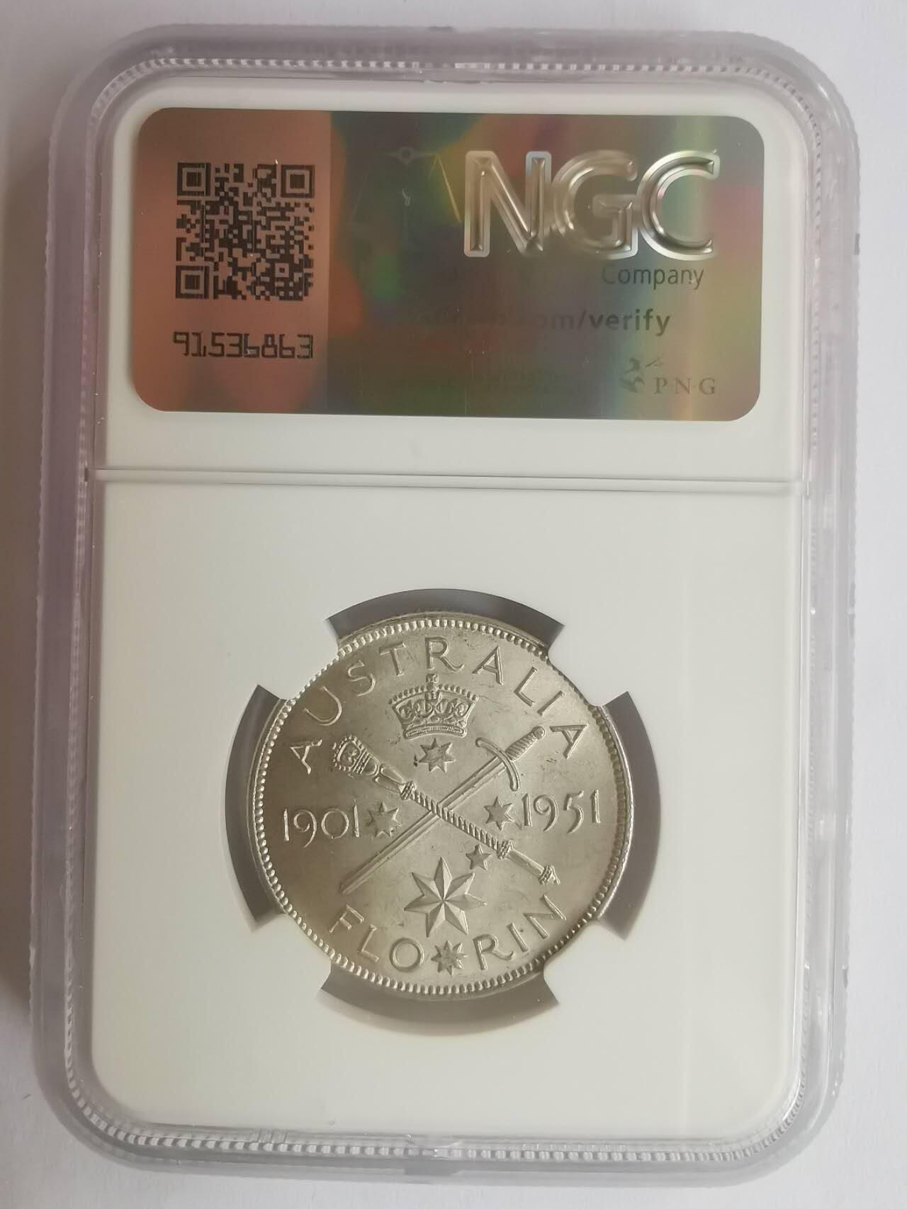 巨藏钱币第七期硬币场12月12号20点开拍 澳大利亚1951年1福林银币NGC-MS62