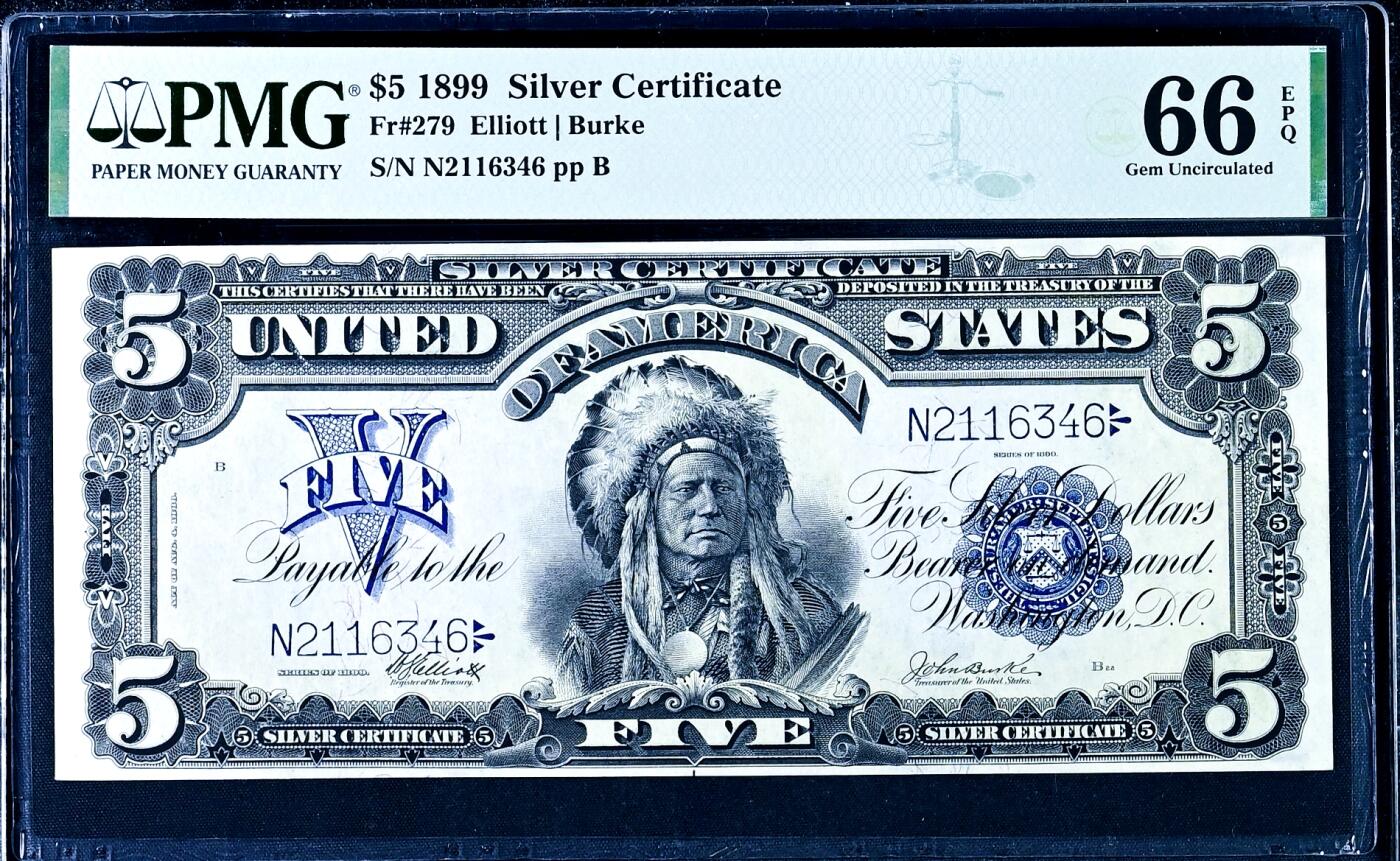 【Blue Auction】世界纸币精拍第760期——18级TOP拍卖/信誉/品质/专业/高效💫 【冠军分 少见fr】美国 1899年5美金“酋长券” PMG66EPQ 在“最伟大美元纸币”中排名第十（纸币正面印有印第安苏族汉克帕帕部落酋长的肖像，象征美国西部文化。由美国雕版大师 G.F.C.Smilie雕刻，以其细腻的点线技法展现羽毛冠和面部细节，被誉为纸币雕刻的杰作）老美金收藏绕不开的一张经典 大票幅 