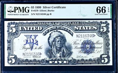 【Blue Auction】世界纸币精拍第760期——18级TOP拍卖/信誉/品质/专业/高效💫 - 【冠军分 少见fr】美国 1899年5美金“酋长券” PMG66EPQ 在“最伟大美元纸币”中排名第十（纸币正面印有印第安苏族汉克帕帕部落酋长的肖像，象征美国西部文化。由美国雕版大师 G.F.C.Smilie雕刻，以其细腻的点线技法展现羽毛冠和面部细节，被誉为纸币雕刻的杰作）老美金收藏绕不开的一张经典 大票幅 