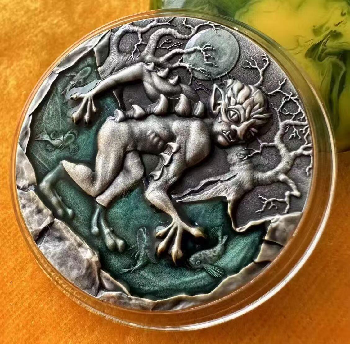 第184期拍卖  【龙头币】纽埃2022年，《巫师3-狂猎》神怪系列(1)-水精灵，2盎司、超高浮雕、仿古、镶嵌彩色树脂、彩色漂亮银币. 盒证全. 龙头币(系列第一枚). 国外售价325美元