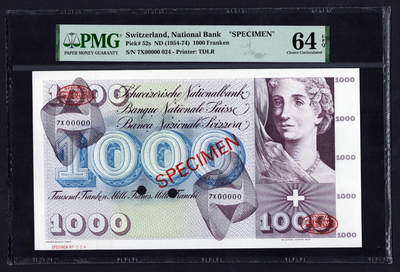 【Blue Auction】世界纸币精拍第760期——18级TOP拍卖/信誉/品质/专业/高效💫 -   瑞士 1954-74年1000法郎 最高值 超大票幅 经典“死神之舞”雕刻精美 样钞少见 PMG64EPQ 全新原票 值得收藏 （64NET很黄的一张四年前就拍出1260美金 这张全新原票状态好）