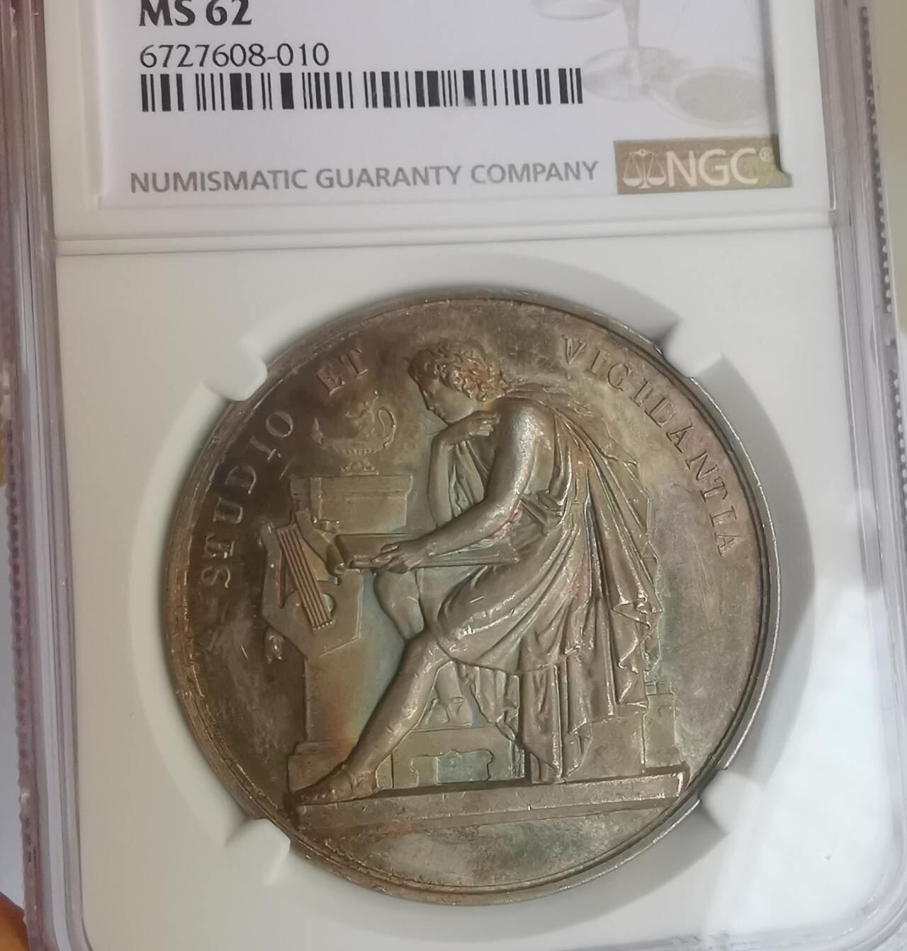 巨藏钱币第七期硬币场12月12号20点开拍 瑞士1850年老铜章NGC-MS62彩光状态