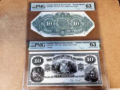 【Blue Auction】世界纸币精拍第760期——18级TOP拍卖/信誉/品质/专业/高效💫 - 【唯一冠军 唯一记录 正背面PROOF一对 含签名】加拿大丰业银行1877年10元 纹章中独角兽和圣安德鲁十字源自1625年苏格兰王室查理一世对这片土地宣誓主权 矿工、印第安人和哈利法克斯港风暴中的航船象征征服自然 雕刻精细 该银行属加拿大五大行之一 PMG63 