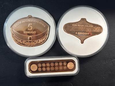 ❤️【币观天下】❤️ 第334期钱币拍卖- 2025.12.12周五晚上6点半场-长期征集拍品 - 马来西亚2021年吉朗王银行成立50周年异形精制铜币三枚套装（传统风筝，传统陀螺，传统播棋）发行量1200套