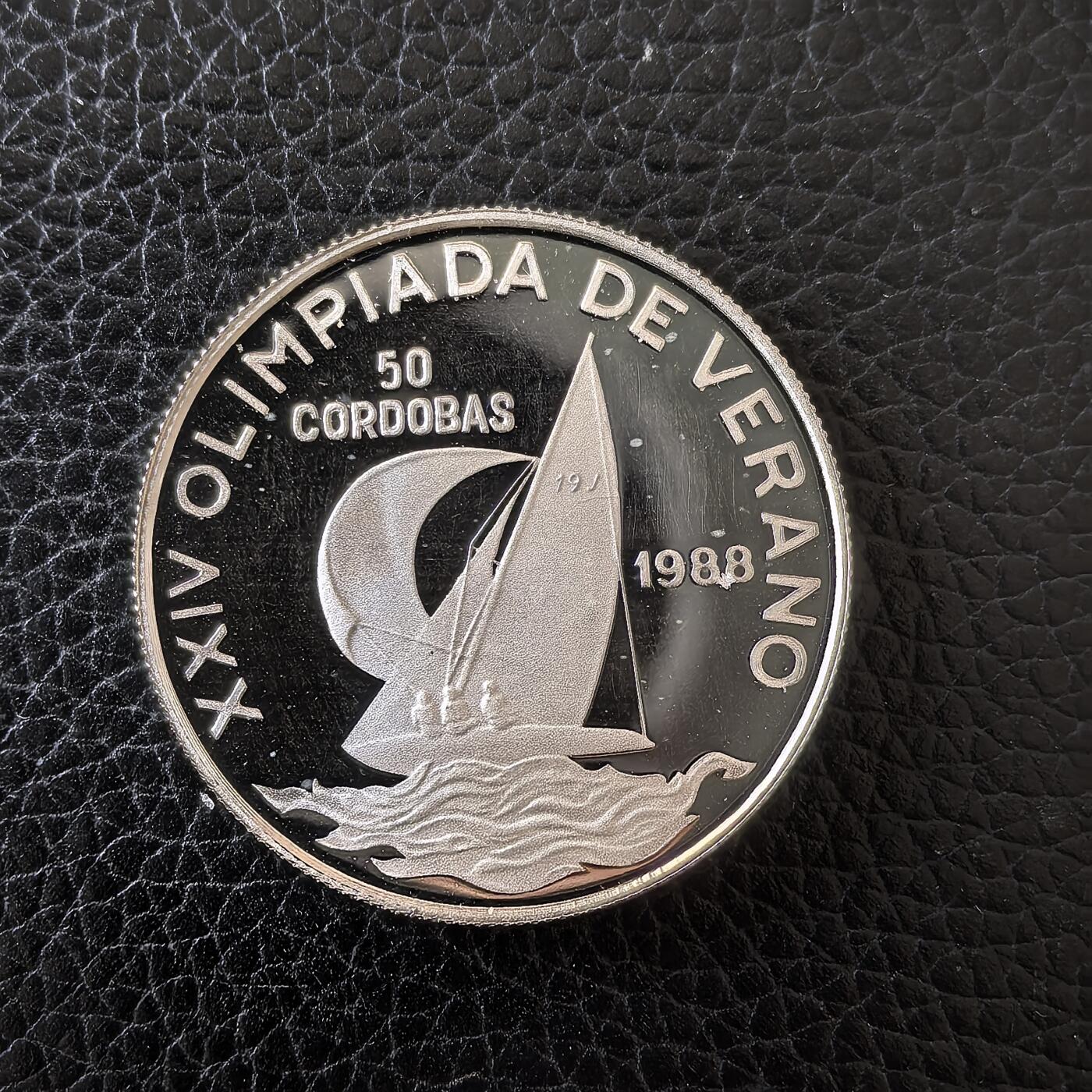 道一币馆币章第一百五十九场 尼加拉瓜1988年汉城奥运会50科尔多瓦精制银币 16.6g 825S 10000