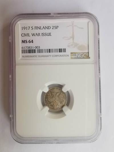 巨藏钱币第七期硬币场12月12号20点开拍 - 俄属芬兰1917年25芬尼小银币NGC-MS64
