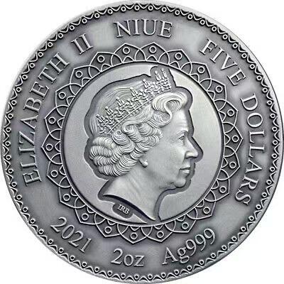 第184期拍卖  纽埃2021, 曼陀罗黄金对称系列-中国大熊猫, 2盎司高浮雕仿古、加大(直径达55mm)镶嵌彩虹施华洛世奇彩色银币. 盒证全.热门系列, 唯一中国元素漂亮银币.(国外售价302美元)