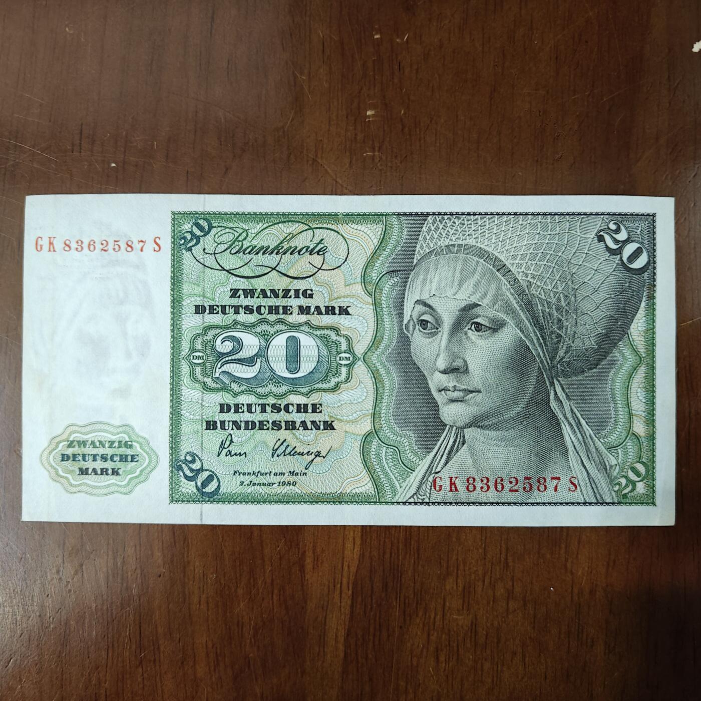 联邦德国20马克纸币经典西德钞丢勒名画和古典乐器流通好品原图片